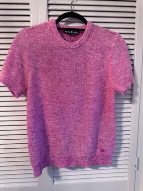 Acne Studios Pink Short Sleeve Fleece Knit Face Patch Sweater
